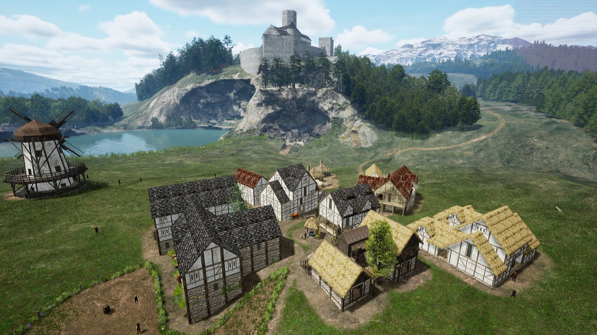 A third-person view across a medieval village and castle